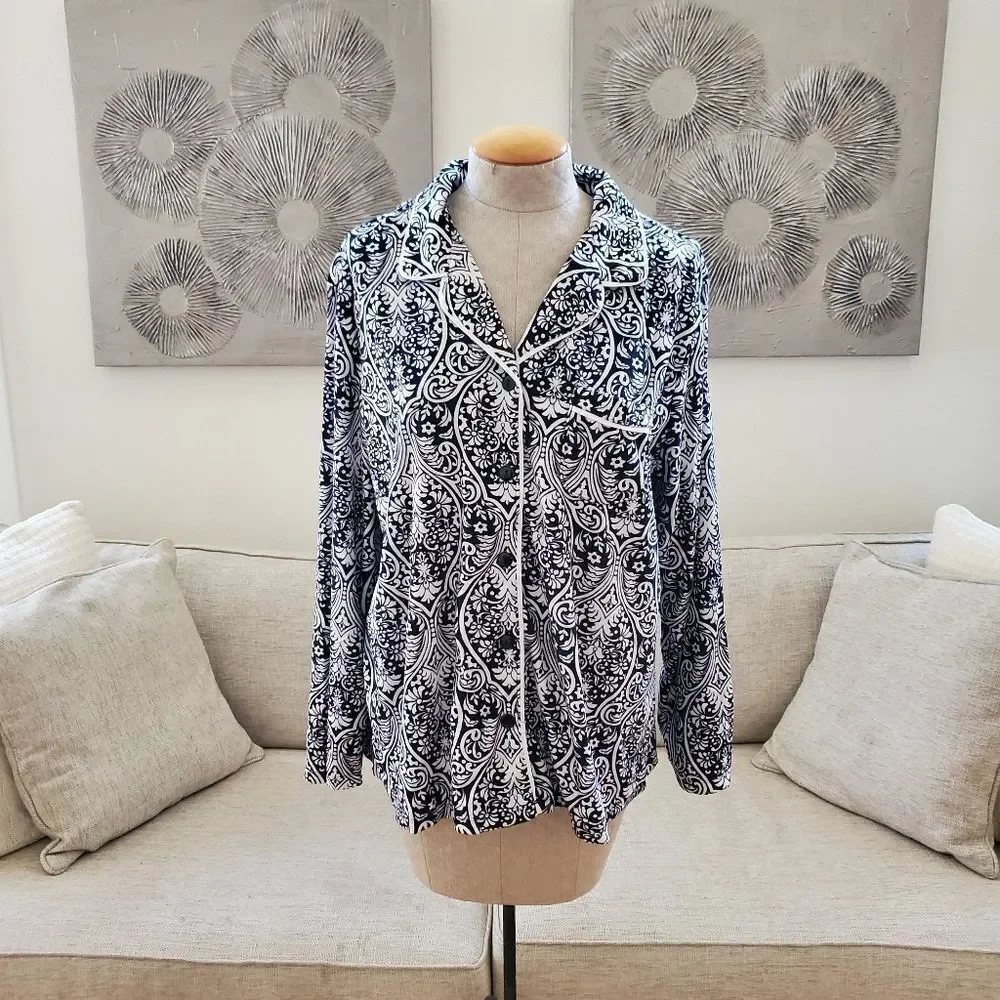 Ellen Tracy Long Sleeve Collared Paisley 2 Piece Pajama Set Sz XL